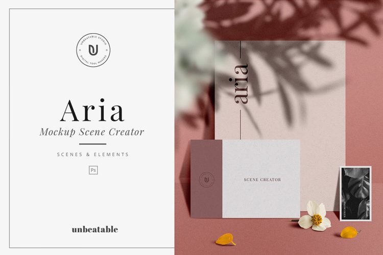 Aria – Mockup Scene Creator  12个自然植物阴影场景中的纸张卡片模型展示设计贴图ps样机素材