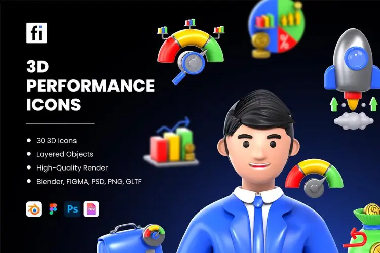 3D Performance Icons  30款3D绩效分析关键绩效指标时间管理图标icon素材webp免抠图文件
