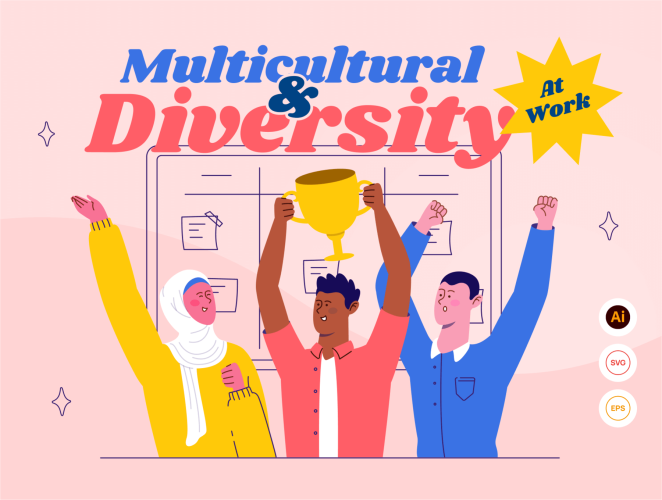 Diversy – Multicultural Diversity at Work Illustration Set  10幅日常生活工作派对活动场景矢量插画图片国外设计素材