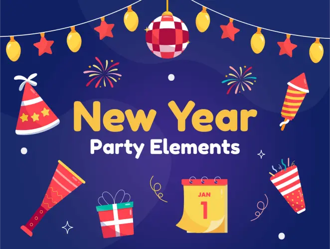 Revelry – New Year Party Elements Illustration Set  25款趣味卡通新年节日生日派对庆典扁平化插图插画webp免抠图片素材