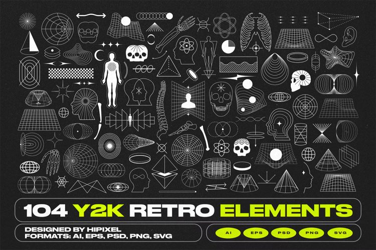 Y2K Retro Elements Pack  Y2K抽象复古几何图形酸性线框科幻赛博朋克元素矢量设计素材