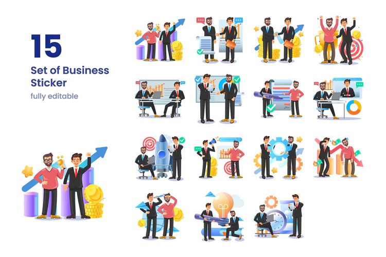 Business People Sticker  15款可爱卡通商务人士商业目标商务合作3D剪切画插画矢量设计素材png免抠图片