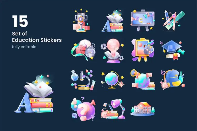 Education Sticker  15款可爱卡通教育学习实验3D剪切画插画矢量设计素材webp免抠图片