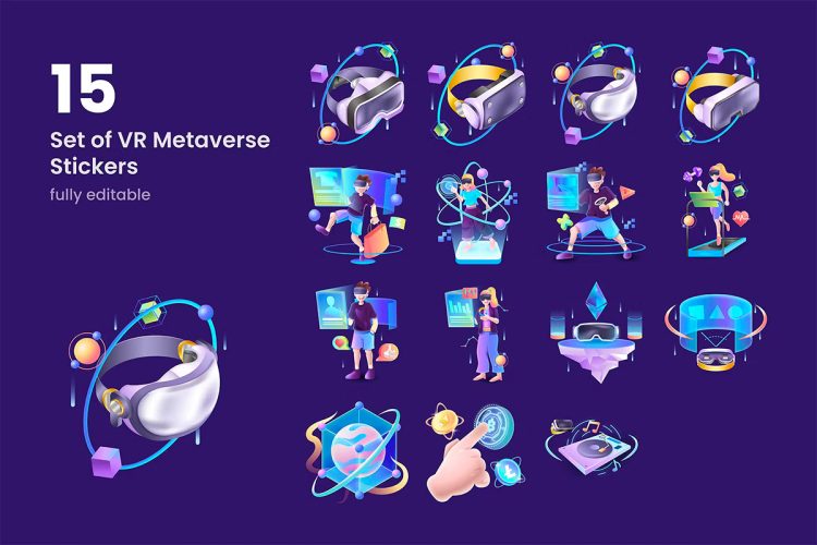 Metaverse Sticker  15张VR眼镜设备游戏娱乐场景展示卡通矢量插画图片国外设计素材