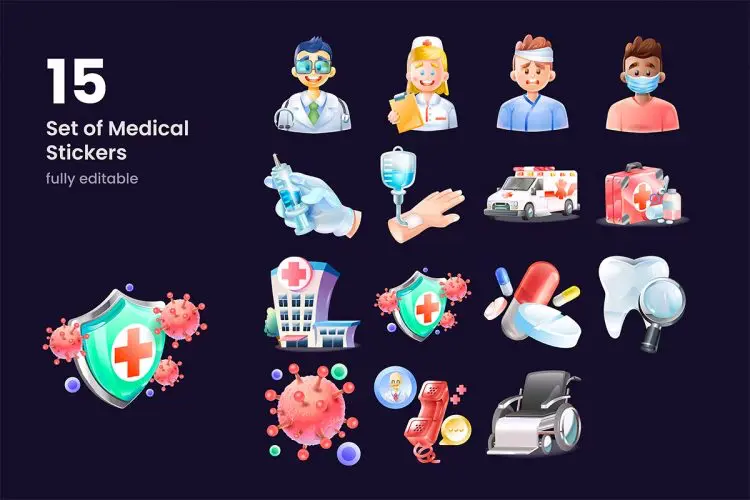 Medical Sticker  15张医疗健康医院剪切画矢量插画图片设计素材Ai源文件