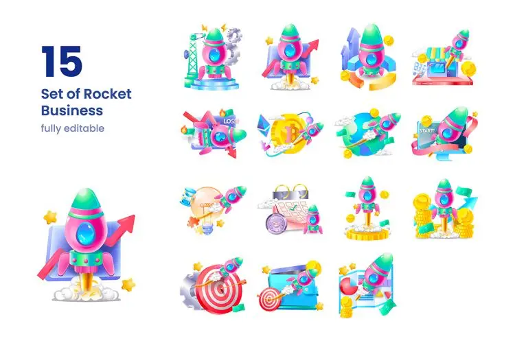 Rocket Business Sticker  15款3D团队目标时间管理业务增长绩效上升卡通小火箭icon图标webp免抠图片素材