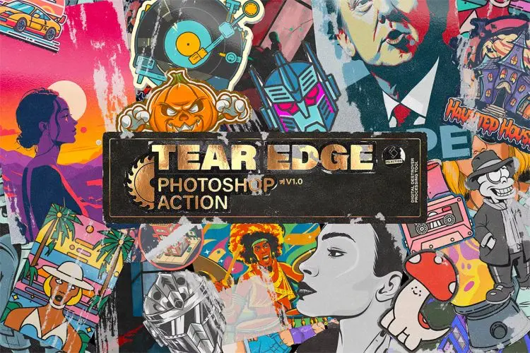 Raw Edge Sticker Poster Machine 潮流复古粗糙做旧磨损毛边街头艺术插画肌理ps动作插件特效模板