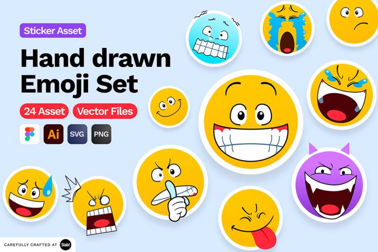 24 Hand drawn Emoji Set – Sticker Icon Asset  24款手绘卡通趣味Emoji表情符号icon图标矢量设计素材