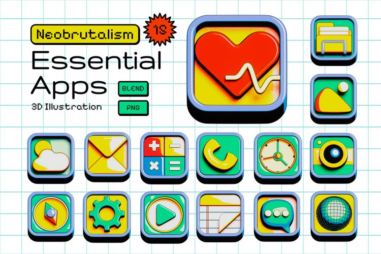 Neobrutalism Essential Apps 3D Icon  15款粗野粗狂风格手机应用程序3D图标icon设计素材png免抠图