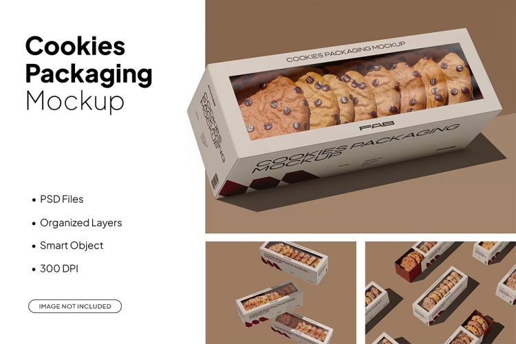 Cookies Box Packaging Mockup 曲奇饼干包装盒透明盒顶模型品牌包装设计贴图ps样机素材