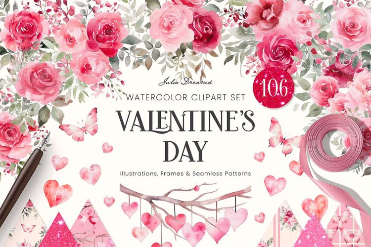 Valentine’s Day Watercolor Clipart 复古浪漫情人节爱心玫瑰花卉图案水彩插图插画png免抠图片素材