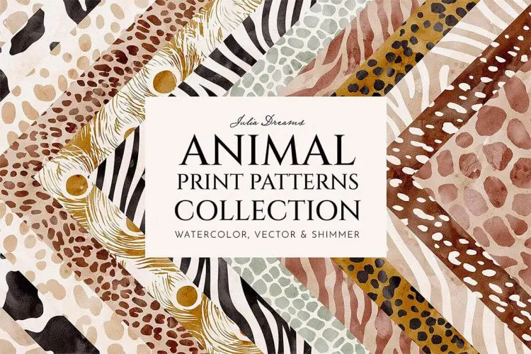 Animal Print Seamless Patterns 时尚抽象水彩手绘野生动物豹纹斑点斑马条纹图案设计背景底纹素材