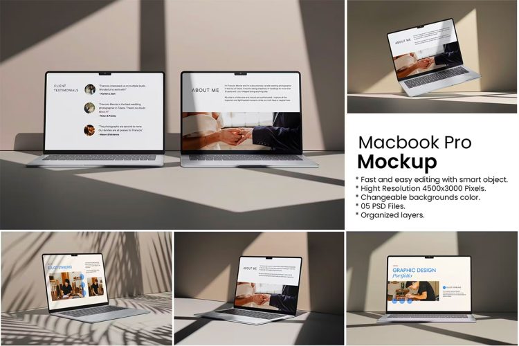 Macbook Mockup  5款时尚光影苹果MacBook Pro笔记本电脑屏幕演示效果图PSD样机模板