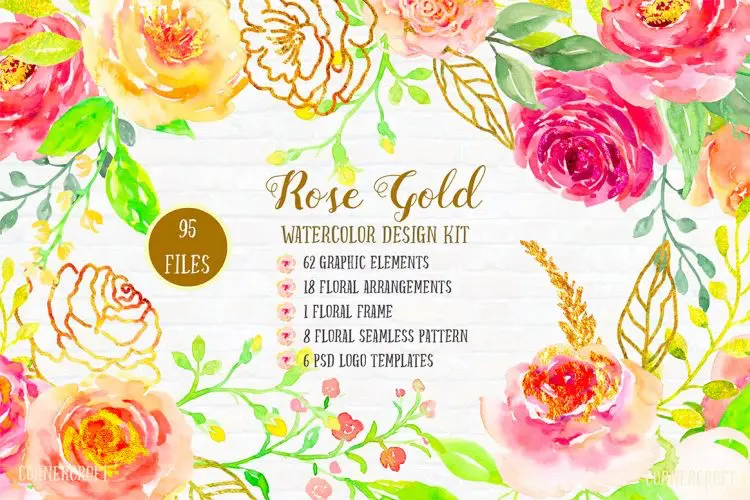 Watercolor Design Kit Rose Gold 金色浪漫情人节爱心玫瑰花卉图案水彩插图插画webp免抠图片素材
