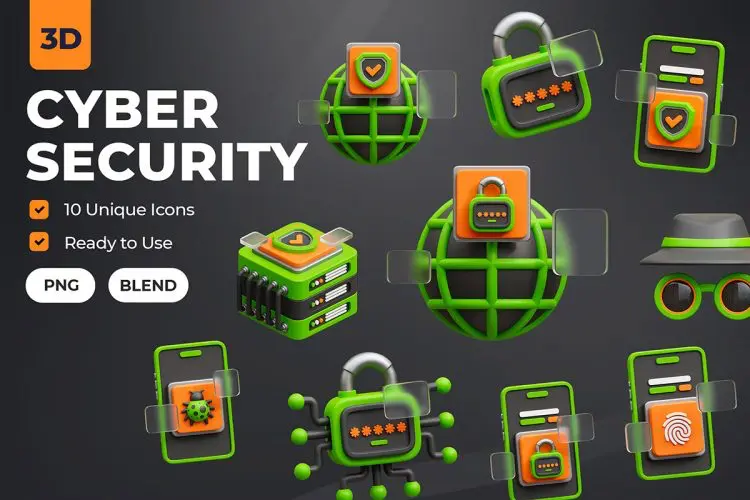 Cyber Security 3D Illustration  20款3D立体科技网络安全电子数码app应用icon图标webp免抠图片素材
