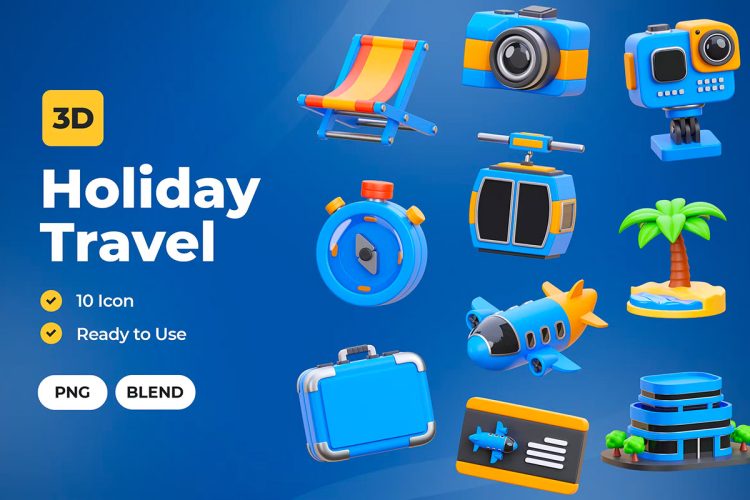 Holiday Vacation 3D Icons  20款旅游出行度假住宿预订行程计划3D图标icon素材png免抠图文件