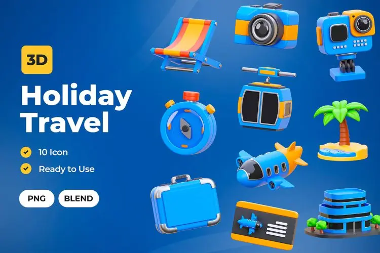 Holiday Vacation 3D Icons  20款旅游出行度假住宿预订行程计划3D图标icon素材webp免抠图文件