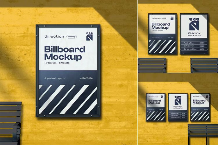 Outdoor Advertising Billboard Mockup 户外街道墙面户外横幅广告牌海报框架模型展示设计贴图ps样机素材