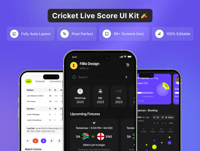 Filllo Cricket live Score UI Kit  68屏国外体育竞技竞猜资讯报道短视频app用户界面设计ui套件模板