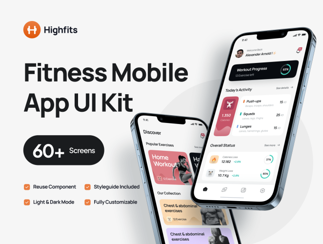 Highfits – Fitness Mobile App UI Kit  60多屏国外在线健身锻炼教学视频直播课程app用户界面设计ui套件