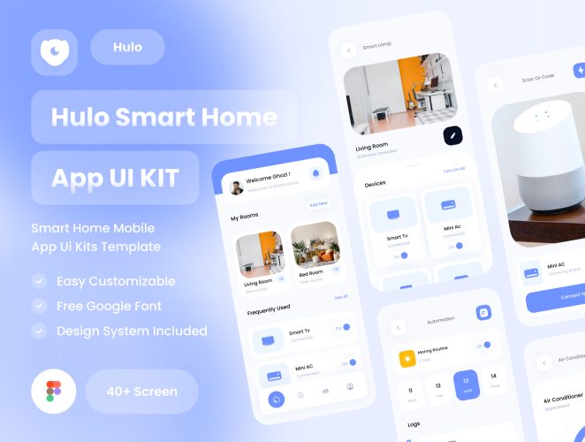 Hulo – Smart Home UI Kit  40多屏简洁清爽智能家居智慧家庭自动化操控设置用户界面app设计ui套件模板