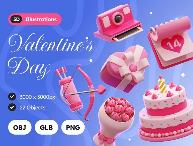 3D Valentine’s Day  22款3D卡通情人节鲜花礼物巧克力爱心插图插画webp免抠图片素材