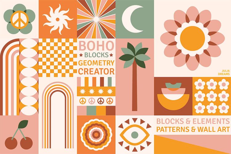 Boho Blocks Geometry Creator 70s SVG PNG Flowers 复古艺术波西米亚风块几何花纹图案设计矢量素材