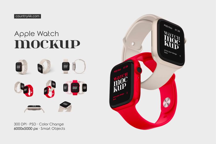 Apple Watch Mockup Set 苹果智能手表模型多角度展示屏幕贴图ps样机素材