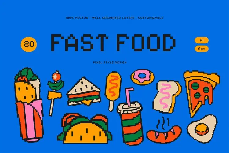 Blue Pixel Fast Food Illustration Set 潮流复古怀旧像素风卡通汉堡薯条快餐美食插图插画ai矢量设计素材