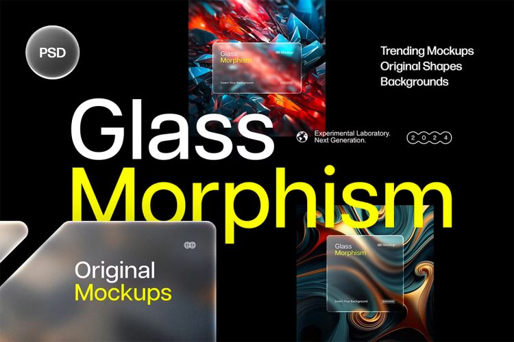 Glass Morphism Frosted Mockups 12款科幻半透明磨砂亚克力毛玻璃卡片特效ps样机素材展示效果图