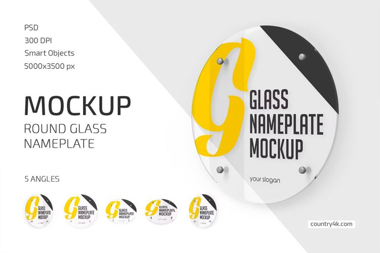 Round Glass Nameplate Mockup 办公室店铺圆形玻璃铭牌模型品牌logo展示设计贴图ps样机素材