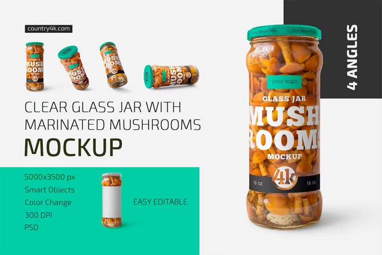 Glass Jar with Mushrooms Mockup Set 带蘑菇的透明玻璃瓶罐模型品牌包装设计贴图ps样机素材