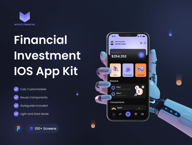 Financial Investment Mobile App UI Kit 双配色金融投资股票交易移动App应用程序UI套件界面figma设计模板