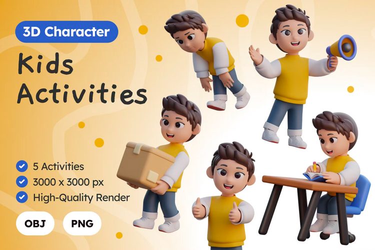3D Kids Expression Activities Illustration  40款可爱卡通3D儿童表情活动人物插图插画png免抠图片素材