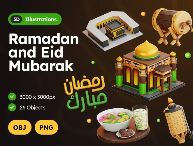3D Ramadan and Eid Mubarak 斋月开斋节穆巴拉克大尔德广告海报元素3D图标icon素材webp免抠图