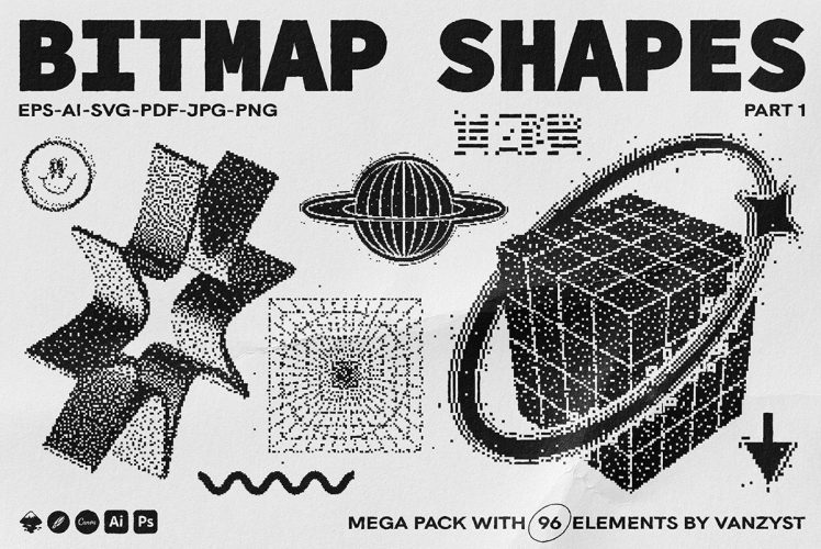Bitmap Vector Shapes Part-1抽象艺术半调潮流复古Y2K酸性像素画几何图形ai矢量设计素材