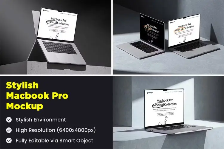 Stylish Macbook Pro Mockup 工业风混凝土背景苹果MacBook Pro屏幕网站界面设计作品集贴图效果图PSD样机模板