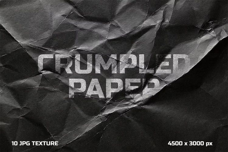 Crumpled Black Paper Texture 黑色折痕褶皱皱巴巴纸张纹理背景叠加图片设计素材