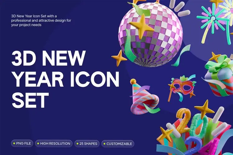 3D New Year Icon Set  25款复古3D立体新年派对跨年节日卡通icon图标webp免抠图片素材