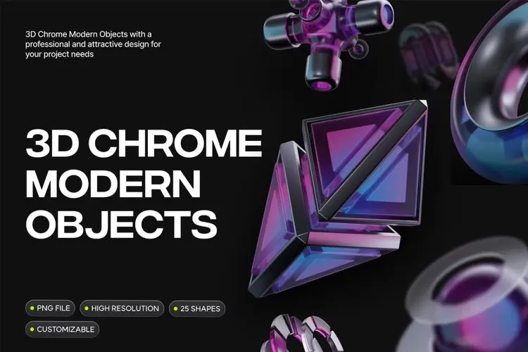 3D Black Chrome Shape Elements 3D抽象艺术透明水晶科幻立体几何图形背景webp免抠图片素材