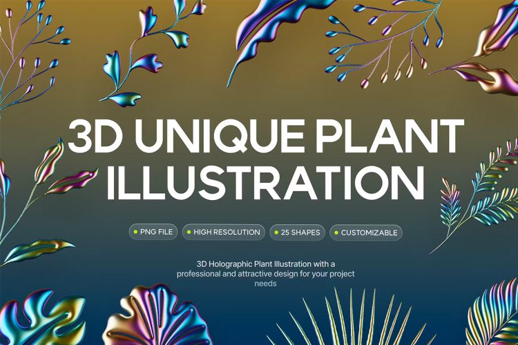 3D Holographic Plant Illustration  25款3D全息镭射镀铬金属自然植物叶子装饰插画png免抠图片素材