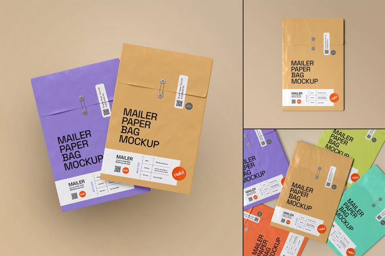 Mailer Paper Bag Envelope Mockup Set 公文档案文件文档邮寄快递纸袋信封模型标识设计贴图ps样机素材