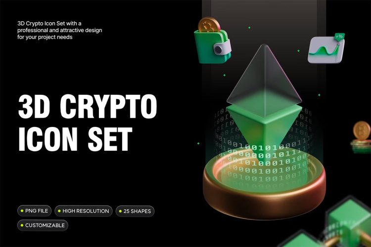 3D Crypto Icon Set  25款数字金融科技加密货币3D立体插图图标Icons设计素材