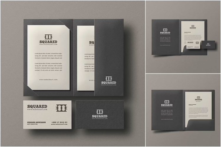 Minimal Dark Stationery Branding Mockup Set 名片文档深色文件夹模型文具品牌标识展示设计贴图ps样机素材