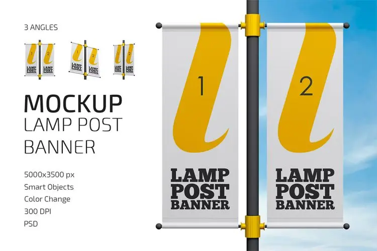 Lamp Post Banner Mockup Set 户外灯柱横幅广告模型展示设计贴图ps样机素材