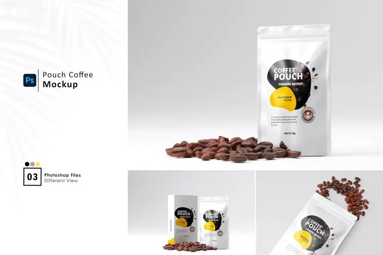 Coffee Pouch Packaging Mockup 烘焙咖啡豆咖啡粉自立纸袋产品包装设计ps样机素材展示效果图