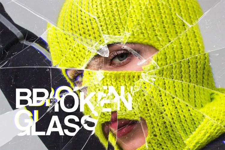 Smashed Glass Photo Effect 潮流失真故障玻璃破碎划痕纹理照片人像修图滤镜PS特效样机模板