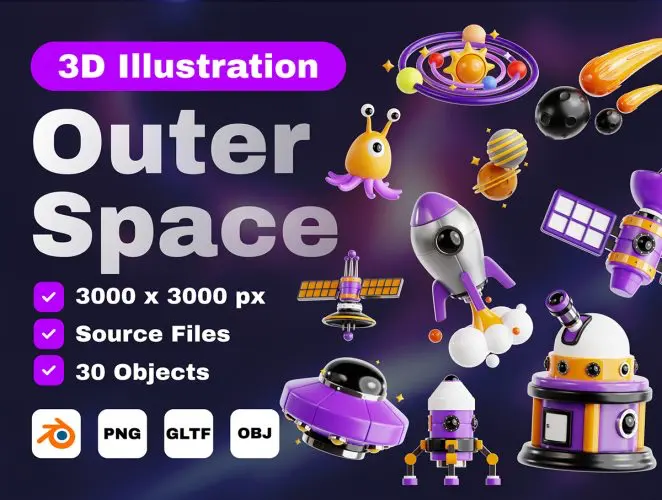 Outer Space 3D Icon Set 30款宇航员行星外星人太阳系宇宙飞船3D科技图标icon素材webp免抠图文件