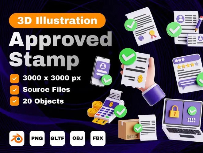 Approved Stamp 3D Icon Set  20款通过批准完成类业务演示3D图标icon设计素材webp免抠图片