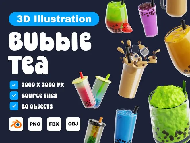 Bubble Tea 3D Icon Set  20款珍珠奶茶水果奶昔酸奶透明玻璃杯一次性杯子3D图标icon设计素材webp免抠图片